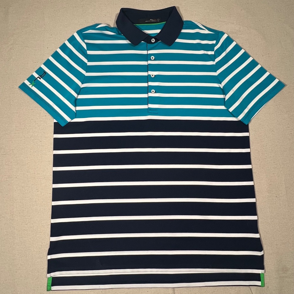 RLX Ralph Lauren Golf Polo Shirt Mens L Two-tone Striped Teal/Navy Blue/White - Picture 2 of 9